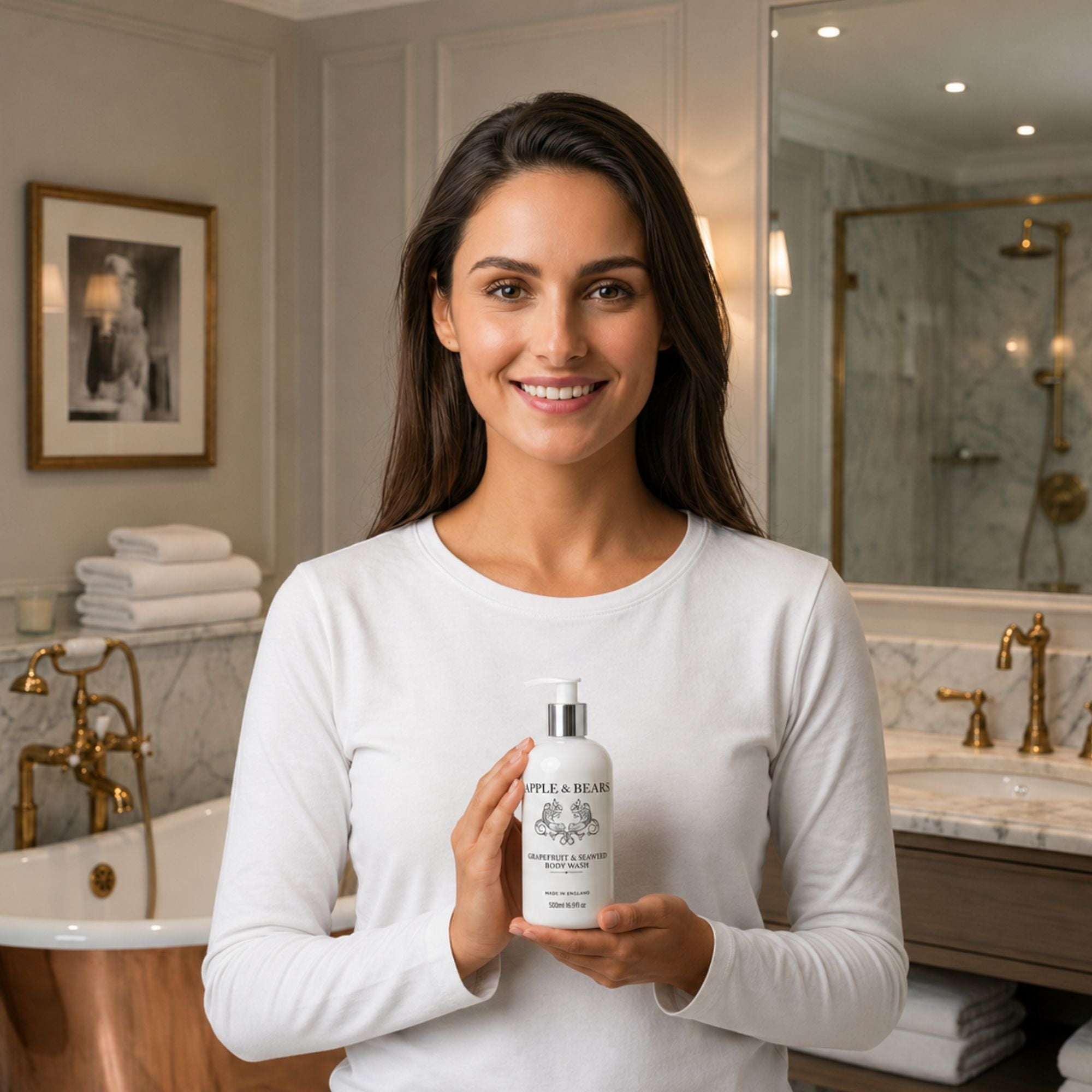 Grapefruit &amp; Seaweed body wash 500ml woman in white top holding bottle – Apple &amp; Bears
