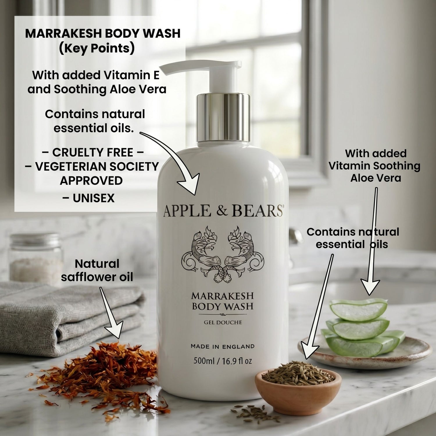 Marrakesh body wash 500ml key points Vitamin E and Aloe Vera – Apple &amp; Bears
