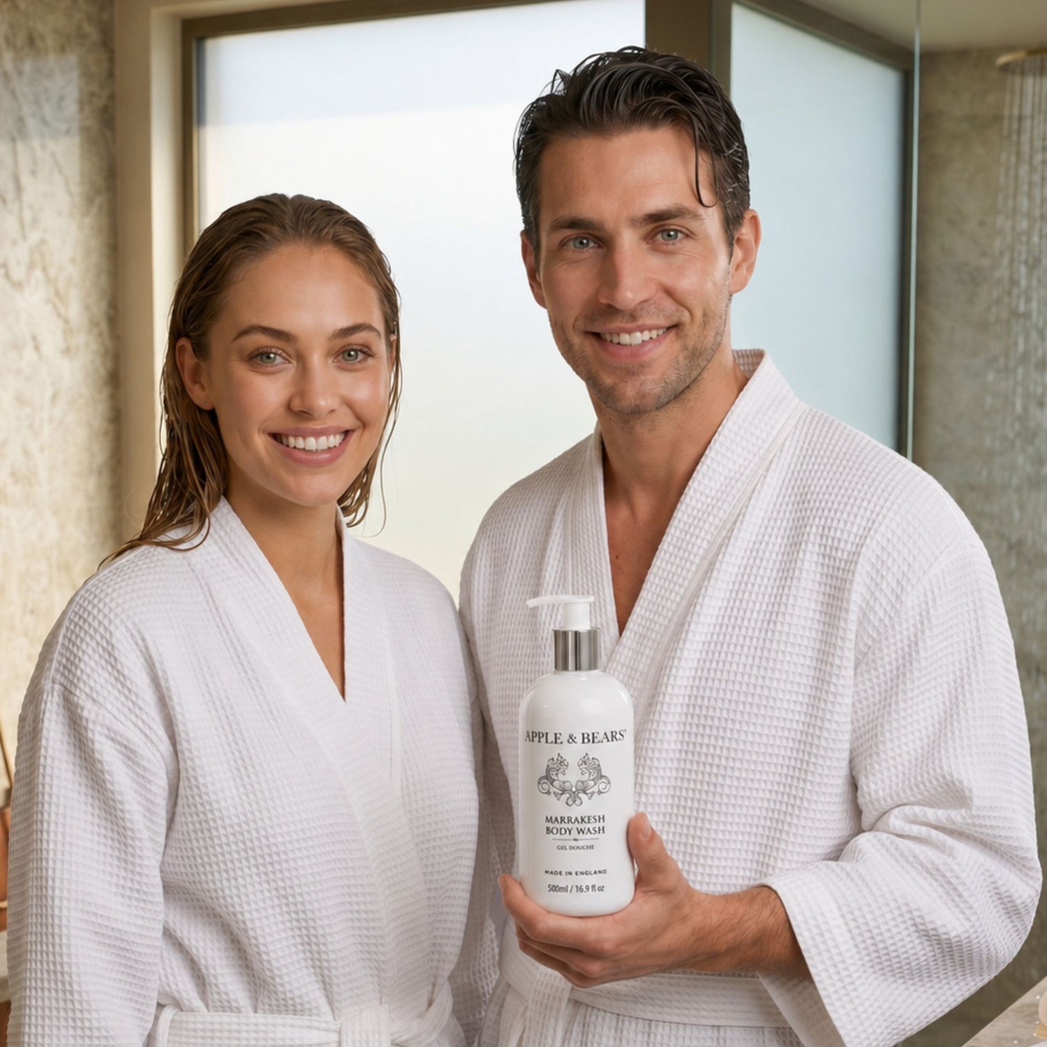 Marrakesh body wash 500ml couple in bathrobes holding bottle – Apple &amp; Bears
