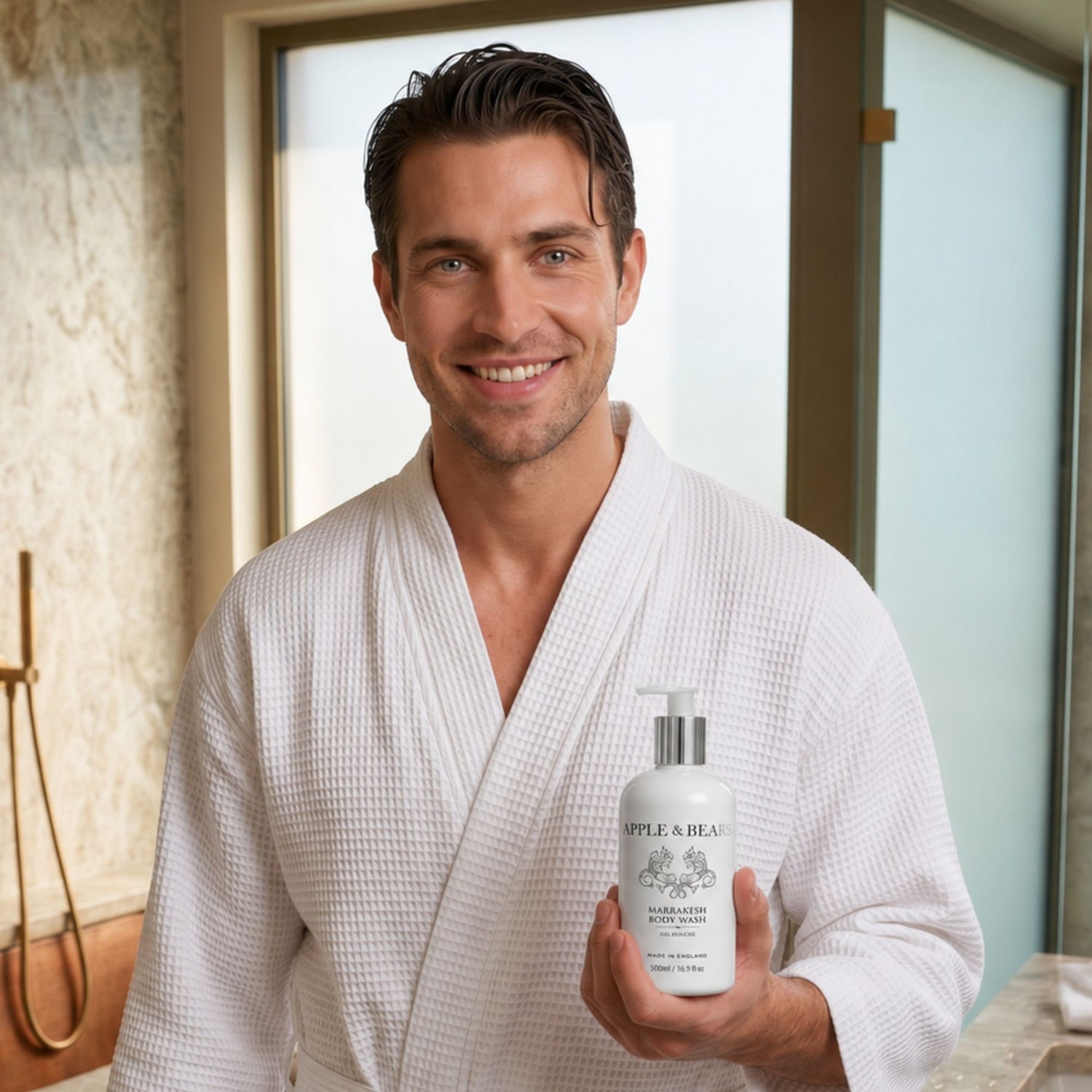 Marrakesh body wash 500ml man in bathrobe holding bottle – Apple &amp; Bears
