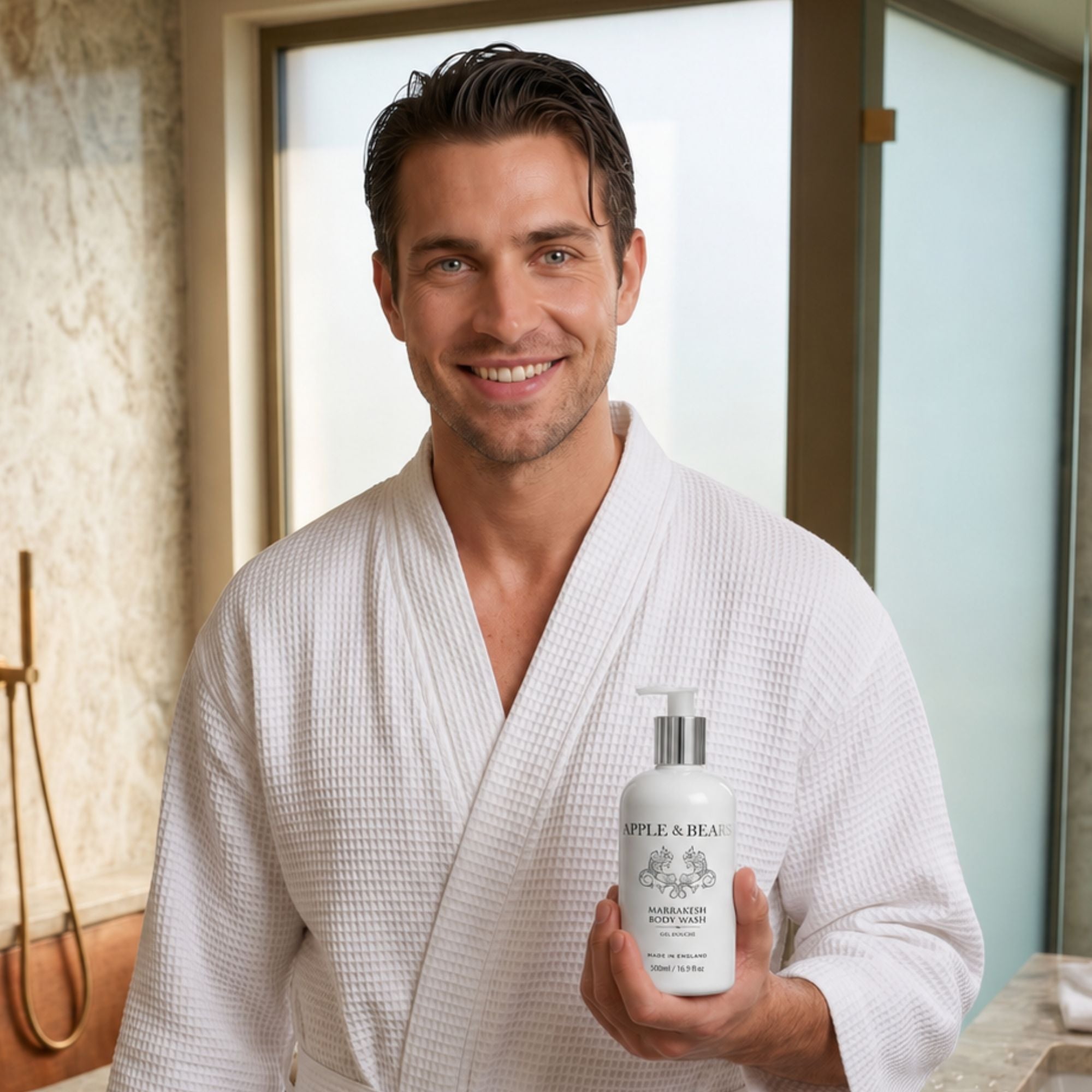 Marrakesh body wash 500ml man in bathrobe holding bottle – Apple &amp; Bears
