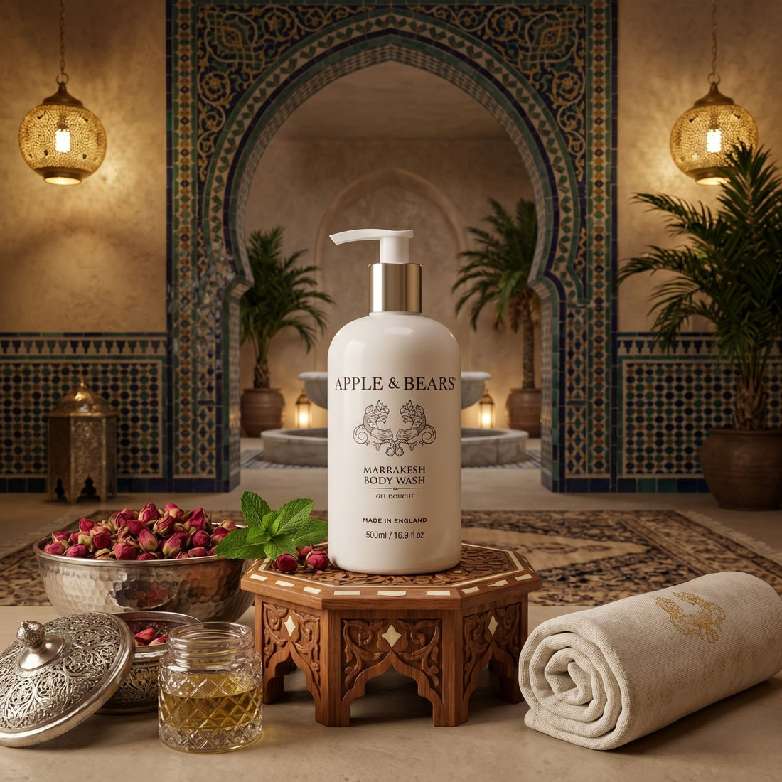 Marrakesh body wash 500ml lifestyle shot Moroccan setting – Apple &amp; Bears
