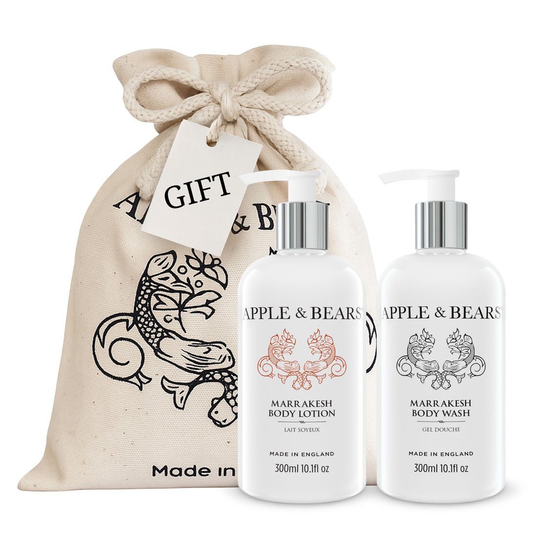 Marrakesh gift set body wash and lotion 300ml in eco cotton drawstring bag white background – Apple & Bears