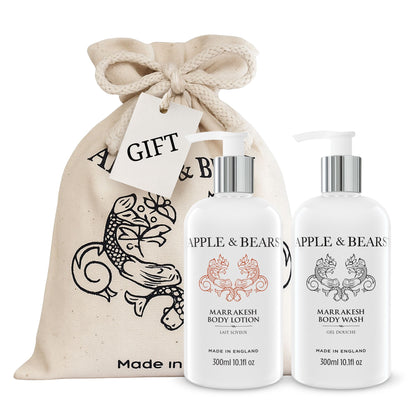 Marrakesh gift set body wash and lotion 300ml in eco cotton drawstring bag white background – Apple &amp; Bears
