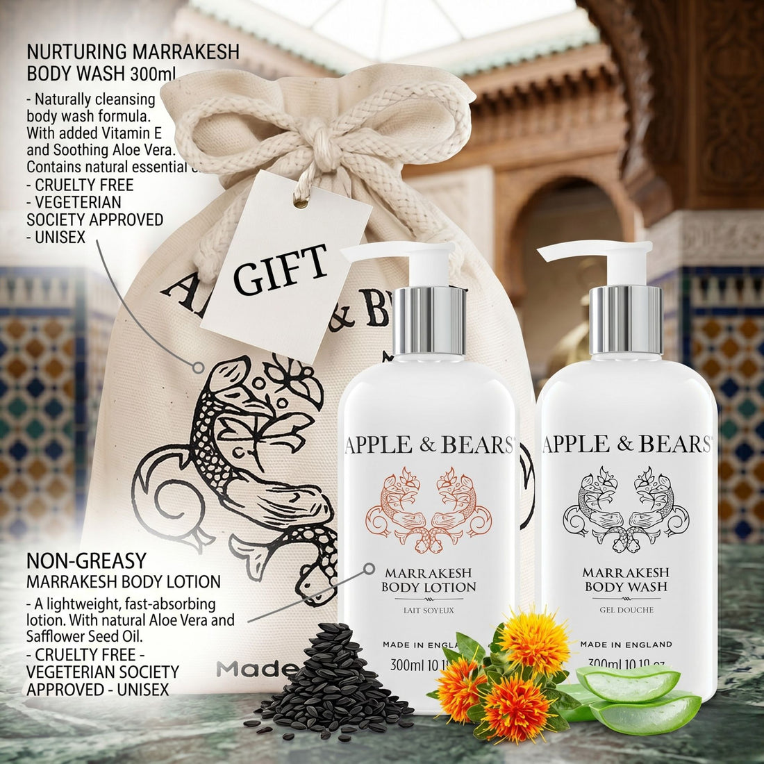 Marrakesh gift set body wash and lotion 300ml key benefits infographic – Apple &amp; Bears
