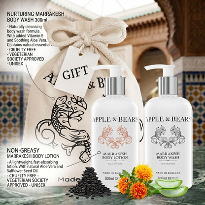 Marrakesh gift set body wash and lotion 300ml key benefits infographic – Apple &amp; Bears
