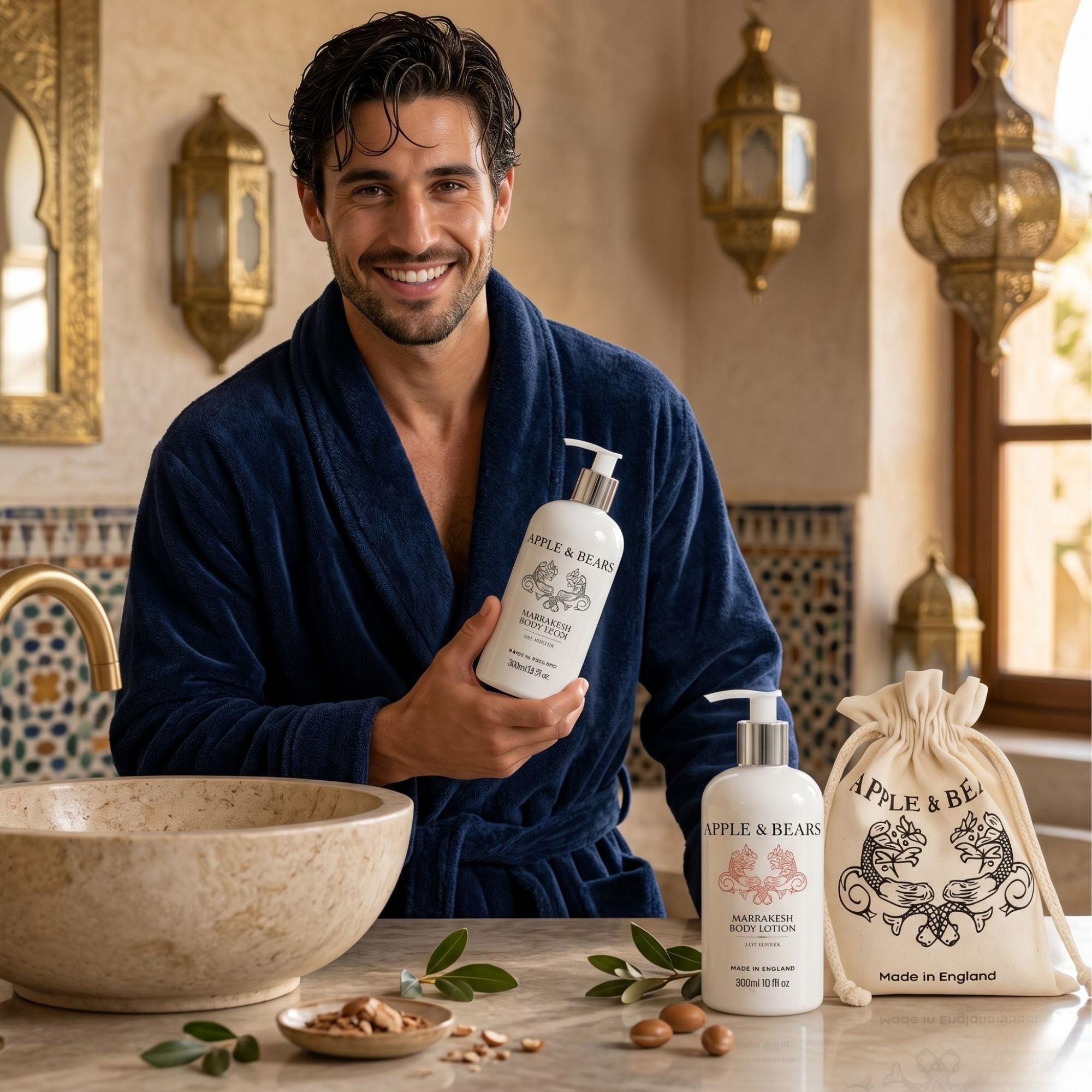 Marrakesh gift set body wash and lotion 300ml lifestyle man in bathroom holding bottle – Apple &amp; Bears

