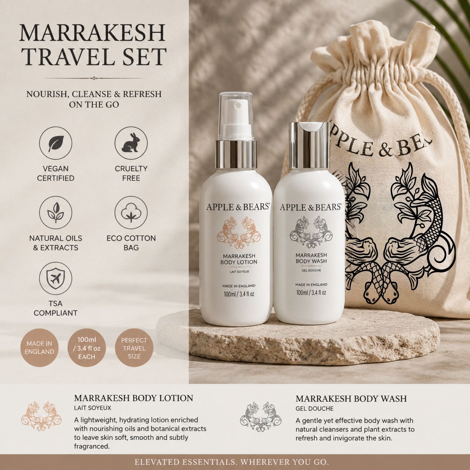 Apple &amp; Bears Marrakesh Travel Gift Set key benefits – natural oils and extracts, vegan certified, cruelty-free, eco cotton bag, TSA-compliant 100ml/3.4 fl oz, Made in England