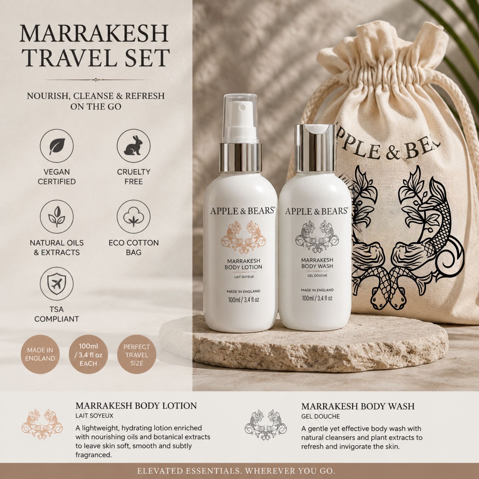 Apple &amp; Bears Marrakesh Travel Gift Set key benefits – natural oils and extracts, vegan certified, cruelty-free, eco cotton bag, TSA-compliant 100ml/3.4 fl oz, Made in England