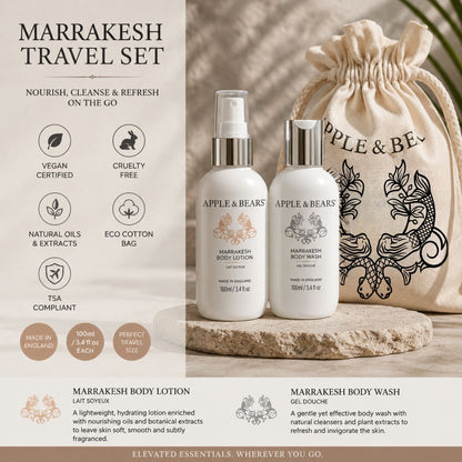 Apple &amp; Bears Marrakesh Travel Gift Set key benefits – natural oils and extracts, vegan certified, cruelty-free, eco cotton bag, TSA-compliant 100ml/3.4 fl oz, Made in England
