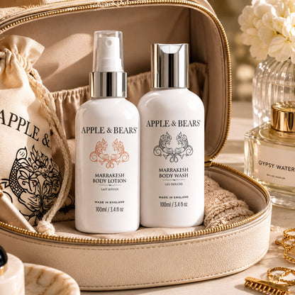 Apple &amp; Bears Marrakesh Travel Gift Set 100ml/3.4 fl oz displayed in open cream zip travel case with Gypsy Water perfume and beauty accessories, Made in England
